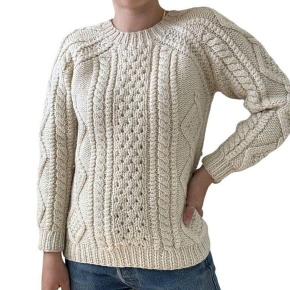 Vintage 1990s Esprit White 100% Wool Cable Knit Chunky Fisherman Sweater Sz S - Picture 4 of 7